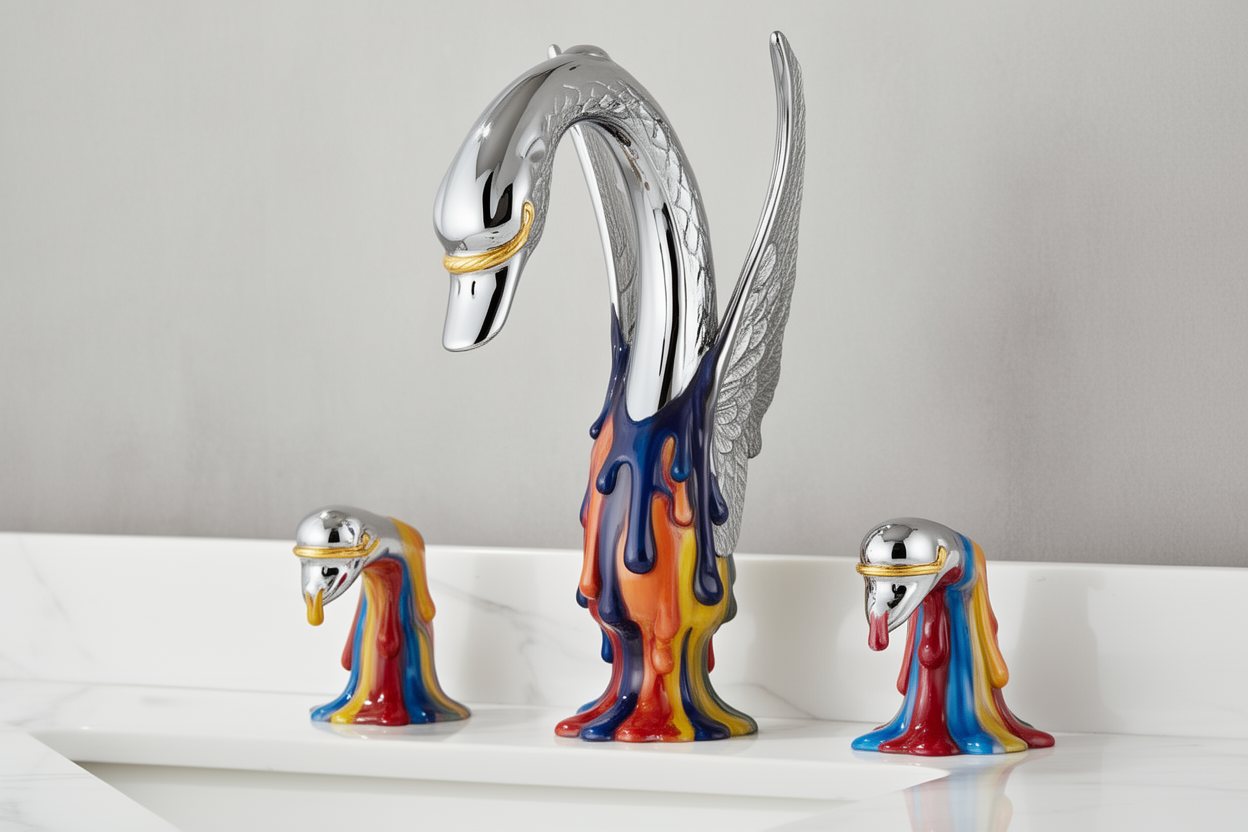 Robinet en forme de cygne, chromé et coloré