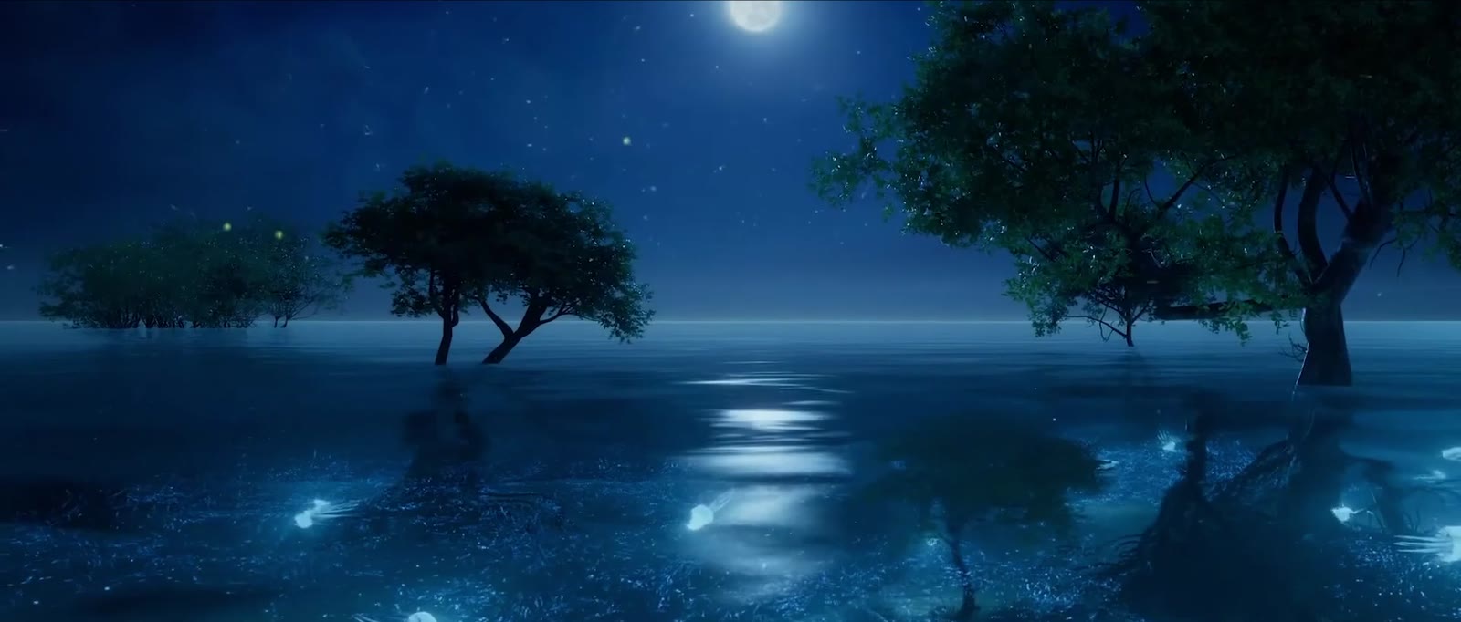Un arbre sur l’eau, de nuit