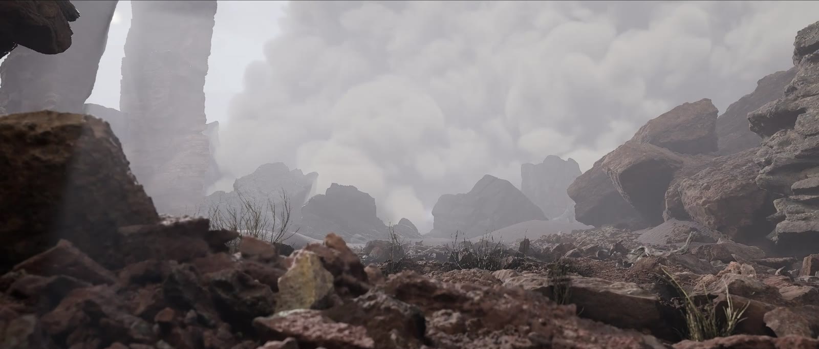 Paysage rocheux sous des nuages volumétriques