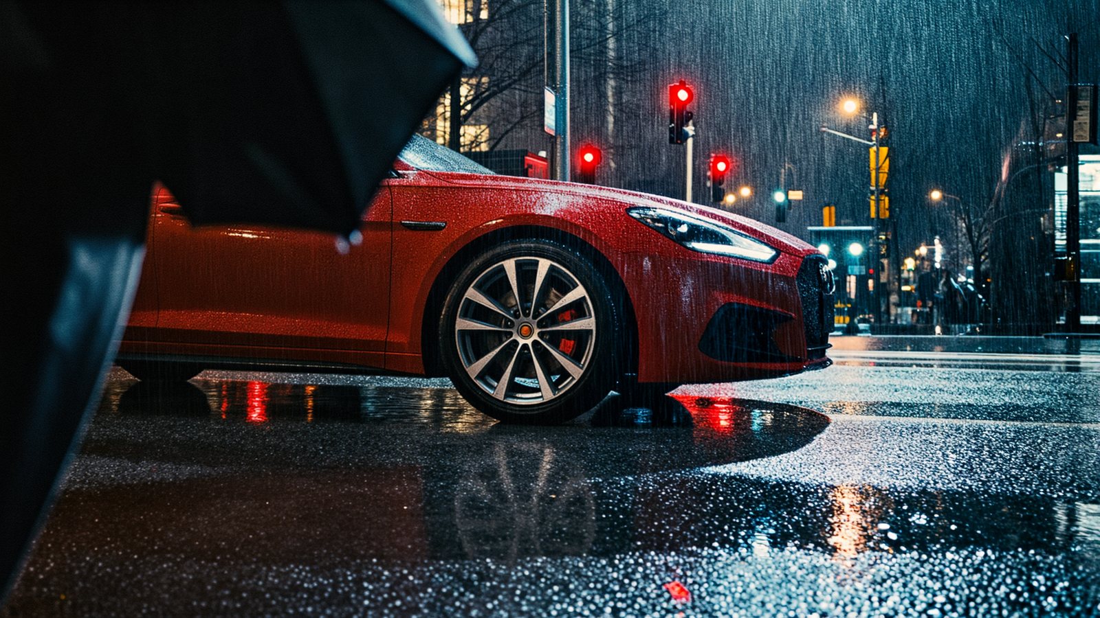 Voiture de sport rouge sous la pluie, de nuit